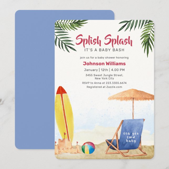 Splish Splash Surfboard Beach Boy Baby Shower   Invitation (Front/Back)