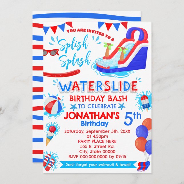 Splish Splash Waterslide Birthday Red White Blue Invitation (Front/Back)