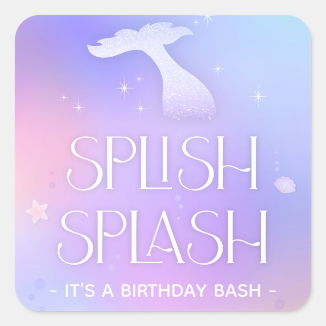 Splish Splash Whimsical Sparkly Mermaid Birthday Square Sticker (Front)