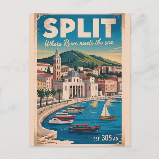 Split Croatia Retro Cityscape Travel Postcard (Front)