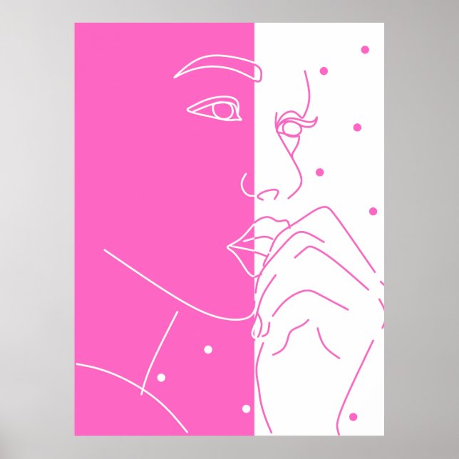 Split Face Pink and White Polka Dot Line Art Poster (Front)