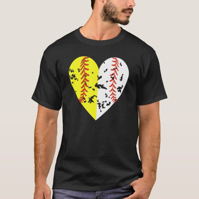 Split Half Baseball Softball Heart Love Outdoor Sp T-Shirt (Front)