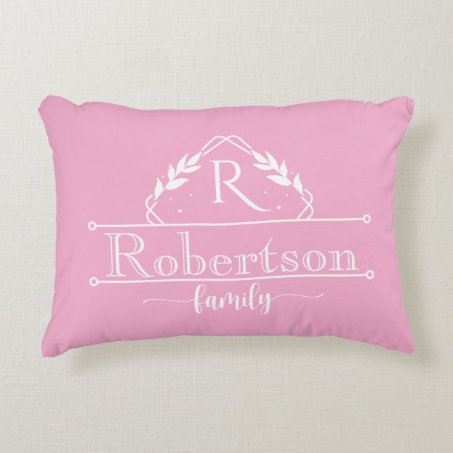 Split Monogram Family Name Baby Pink Frame Decorative Cushion (Front)