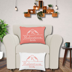 Split Monogram Family Name Coral Pink Frame Decorative Cushion