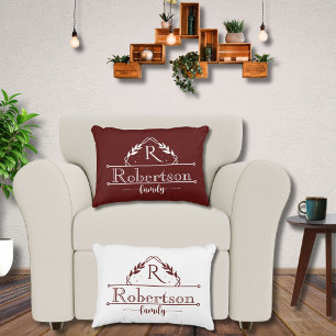 Split Monogram Family Name Deep Burgundy Frame Decorative Cushion