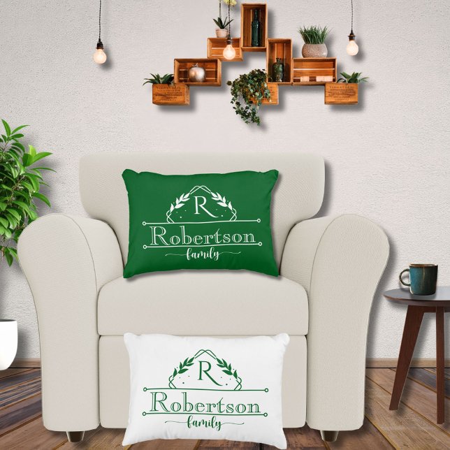 Split Monogram Family Name Forest Green Frame Decorative Cushion (Creator Uploaded)