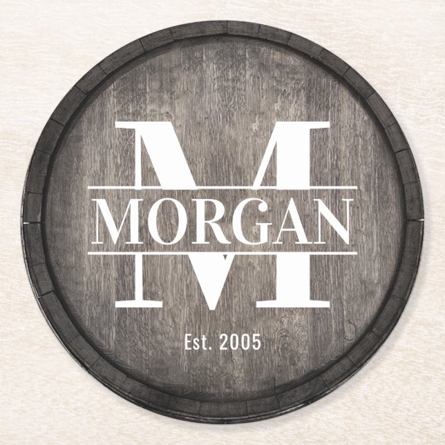 Split Monogram Family Name Rustic Dark Wooden Round Paper Coaster (Front)