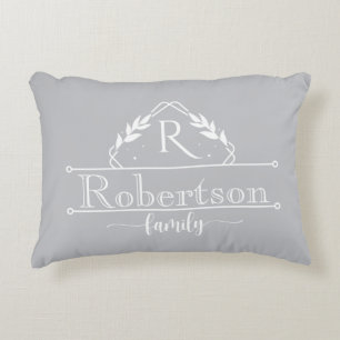 Split Monogram Family Name Silver Grey Frame Decorative Cushion