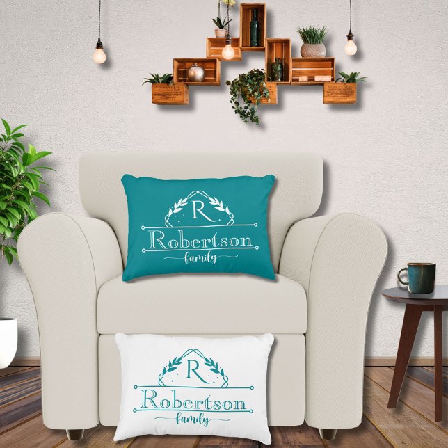Split Monogram Family Name Tropical Teal Frame Decorative Cushion (Creator Uploaded)