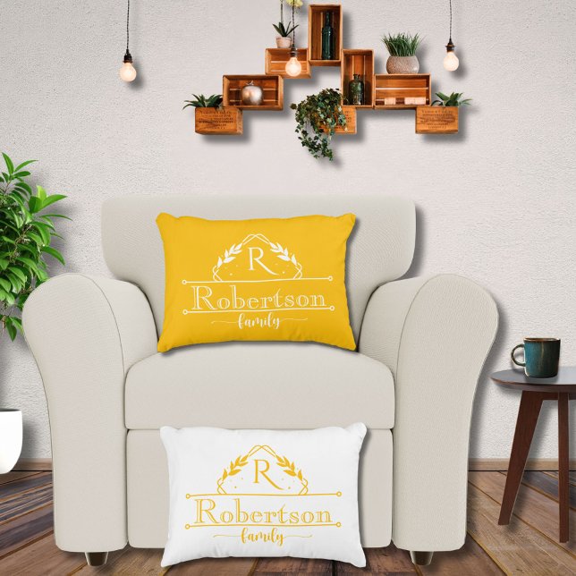 Split Monogram Family Name Yellow Orange Frame Decorative Cushion (Creator Uploaded)