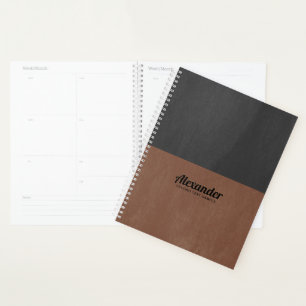 Split-screen brown and black faux leather texture planner