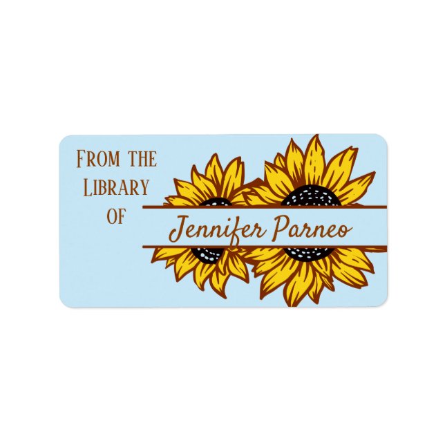 Split Sunflowers on Blue Bookplate Label (Front)