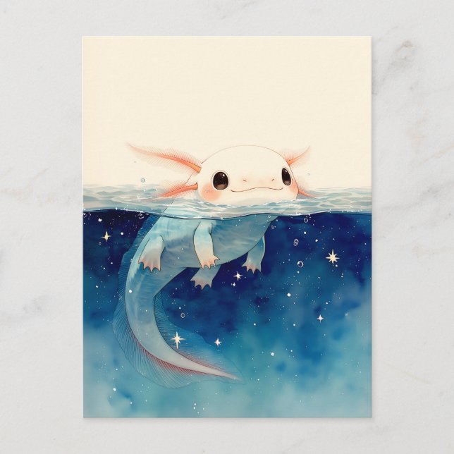 Split Water Starry Indigo Kawaii Axolotl Postcard (Front)