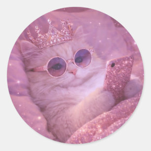 Spoiled Princess Cat Texting in Bed Classic Round Sticker