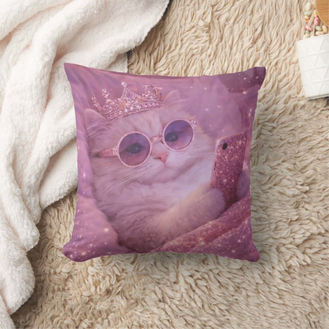 Spoiled Princess Cat Texting in Bed                Cushion (Blanket)