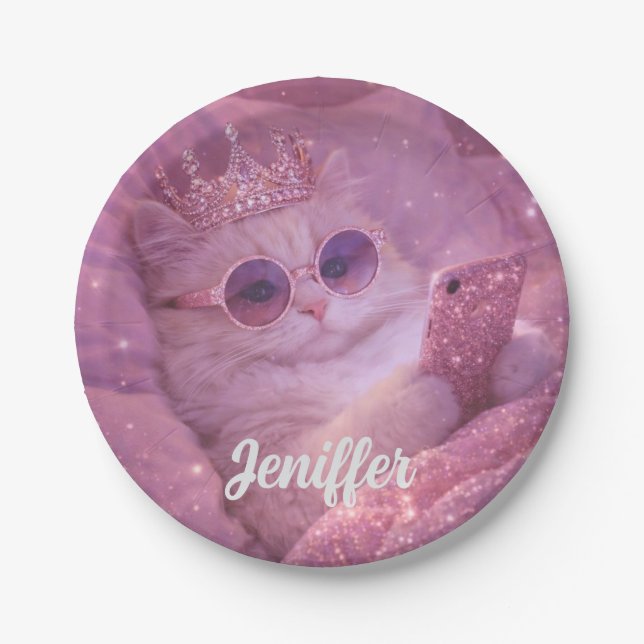 Spoiled Princess Cat Texting in Bed                Paper Plate (Front)