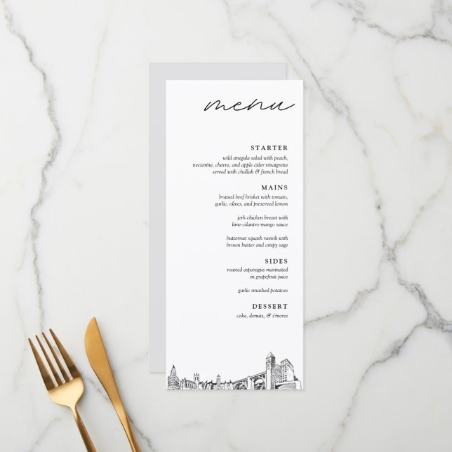 Spokane Skyline Modern Wedding Dinner Menu (Front/Back In Situ)