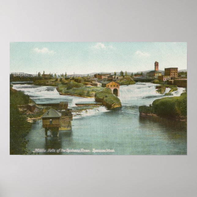 Spokane, WA - View of Middle Falls & River Poster (Front)