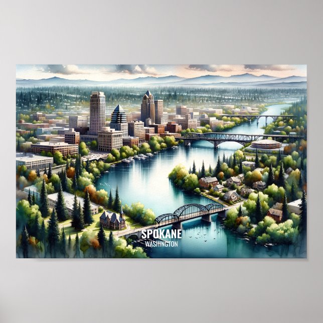 Spokane Washington Famous Travel Places watercolor Poster (Front)