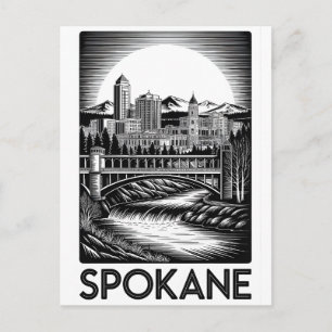 Spokane Washington Skyline Black White Woodcut Holiday Postcard