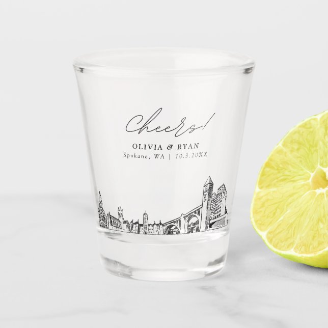 Spokane Wedding Favour Personalised Cheers Shot Glass (Front)