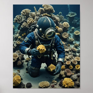 Sponge diver working the reef poster