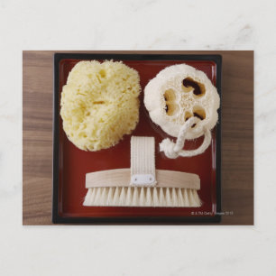 Sponge, loofah, brush on red tray postcard