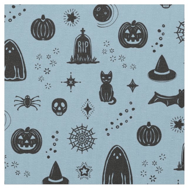 Spookie Things Pattern - Sky + Coal Fabric (Close Up)