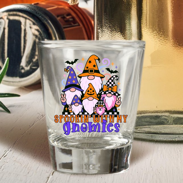 Spookin’ With My Gnomies: Retro Halloween Friends Shot Glass (Get festive with spookin' with my gnomies — a Halloween friends design full of humor and charm.)