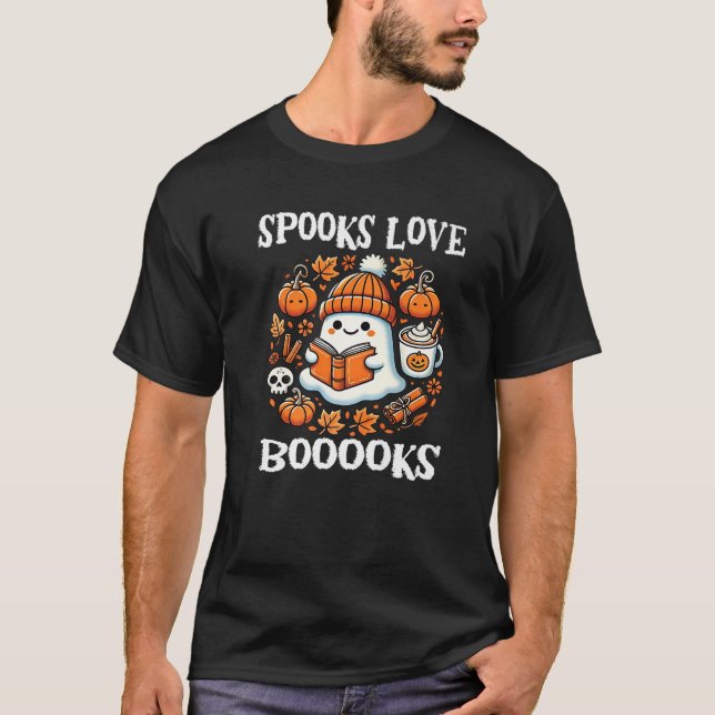Spooks Love Booooks Cute Ghost Reading Book Hallow T-Shirt (Front)