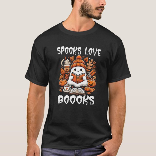 Spooks Love Booooks Cute Ghost Reading Book Hallow T-Shirt (Front)