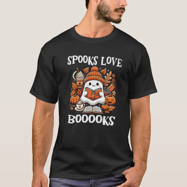 Spooks Love Booooks Cute Ghost Reading Book Hallow T-Shirt (Front)