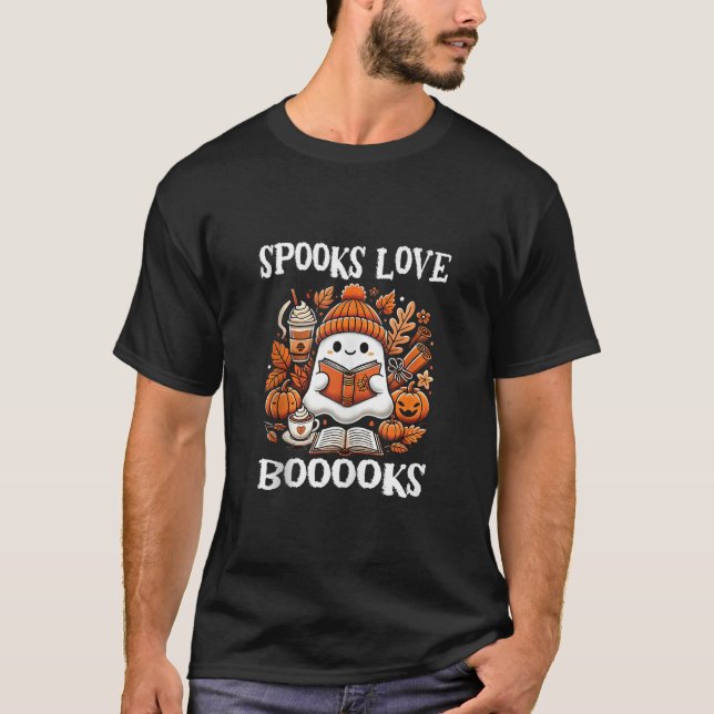 Spooks Love Booooks Cute Ghost Reading Book Hallow T-Shirt (Front)