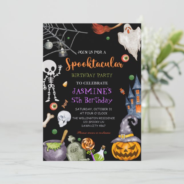 Spooktacular Black Orange Halloween Birthday Party Invitation (Standing Front)