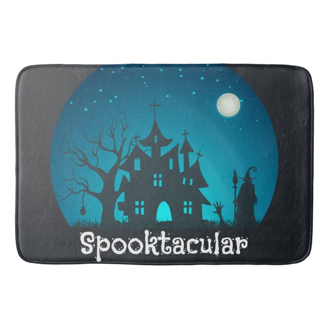 Spooktacular Blue and Black Haunted House Bath Mat (Front)