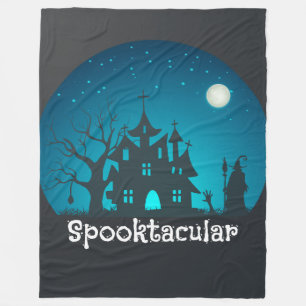 Spooktacular Blue and Black Haunted House Fleece Blanket
