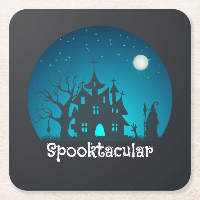 Spooktacular Blue and Black Haunted House Square Paper Coaster (Front)