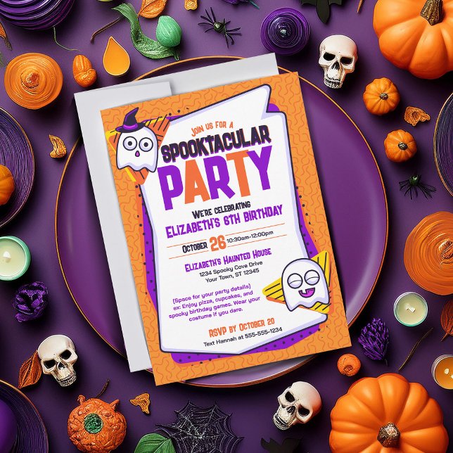 Spooktacular Ghosts Orange Birthday Invitation (Spooky invites perfect for cute Halloween parties and birthdays. Orange with ghost characters)