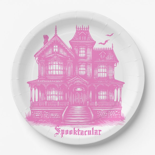 Spooktacular Pink Haunted House Halloween Paper Plate (Front)