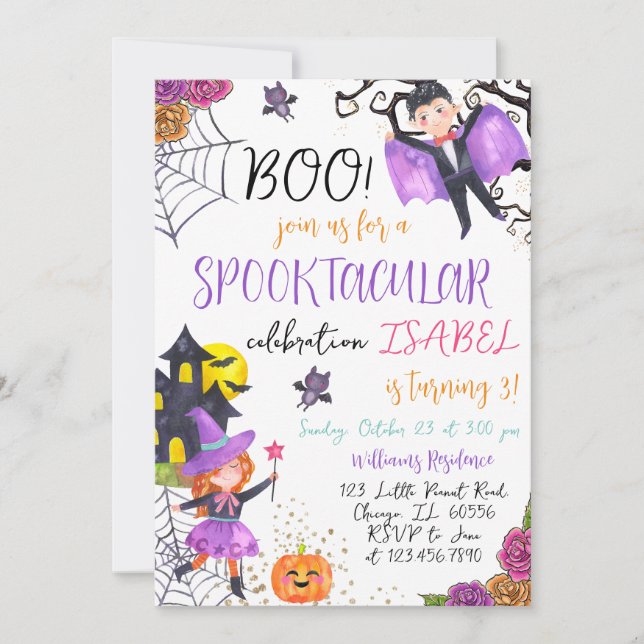  Spooktacular Purple Pink Halloween Birthday Invitation (Front)
