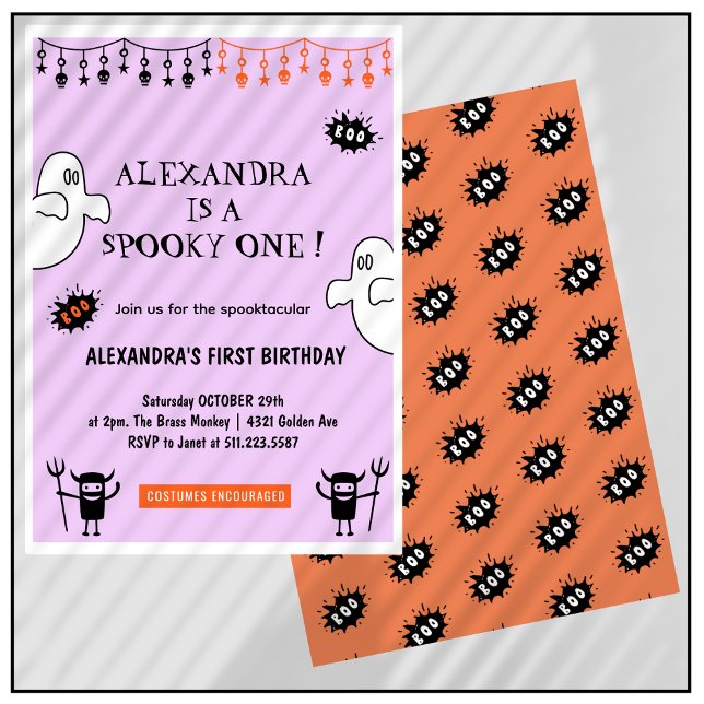 Spooktacular Spooky one Halloween 1st birthday Invitation (Halloween-1st-birthday-Invitation-Spooktacular-Spooky-one-pink-orange-1)