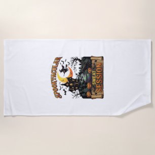 Spooktacular Sweat Session Haunted House Witch Cau Beach Towel