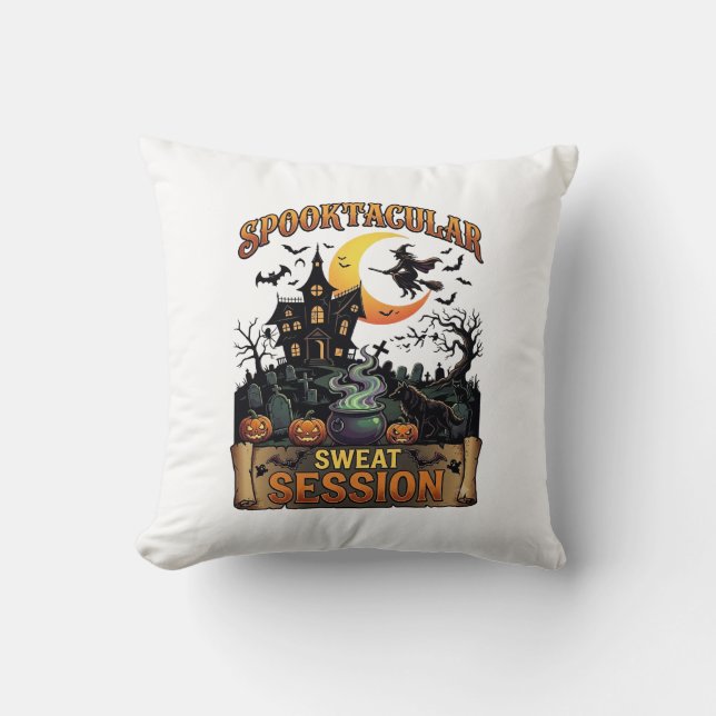 Spooktacular Sweat Session Haunted House Witch Cau Cushion (Front)