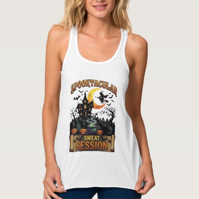 Spooktacular Sweat Session Haunted House Witch Cau Singlet (Front)