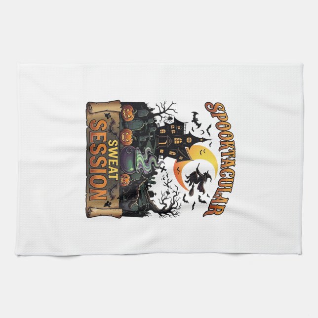 Spooktacular Sweat Session Haunted House Witch Cau Tea Towel (Horizontal)