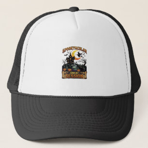 Spooktacular Sweat Session Haunted House Witch Cau Trucker Hat