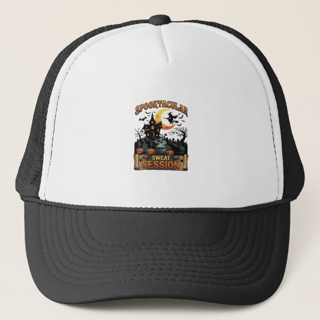 Spooktacular Sweat Session Haunted House Witch Cau Trucker Hat (Front)
