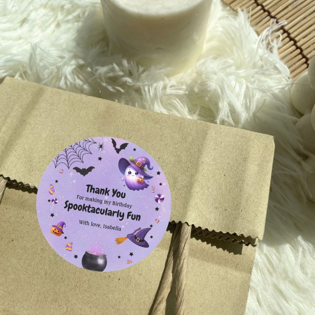 Spooktacular Thank You Cute Ghost Halloween Purple Classic Round Sticker (Creator Uploaded)