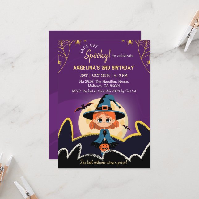 Spooktacular Witch Halloween 3rd Birthday gold Invitation (Front/Back In Situ)