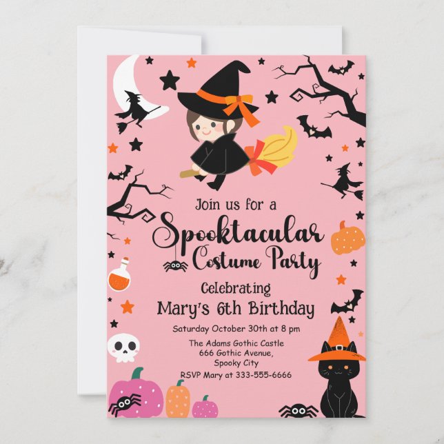 Spooktacular Witch Pink Halloween Birthday Party Invitation (Front)